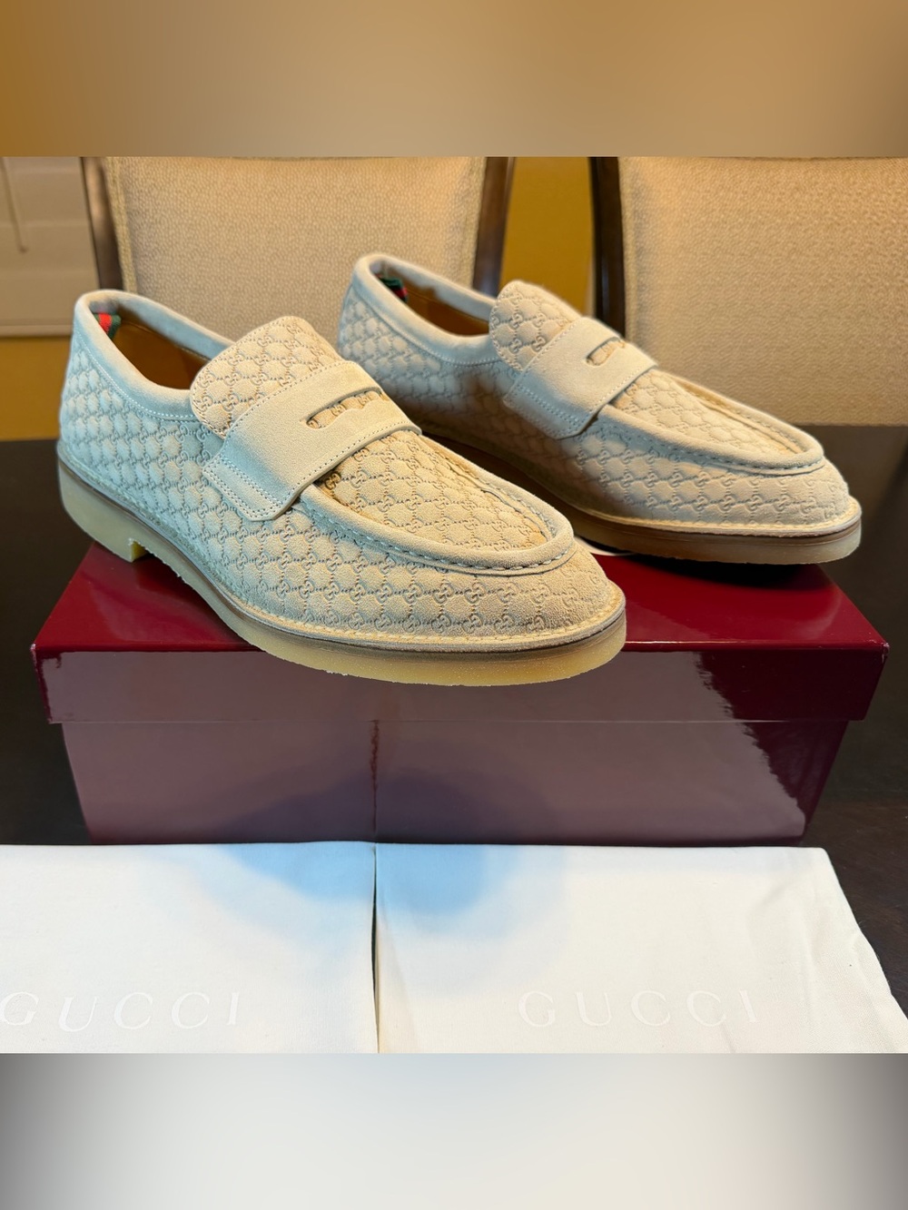 New Authentic Gucci GG Logo Suede Loafers Cream UK 11.5 / US 12